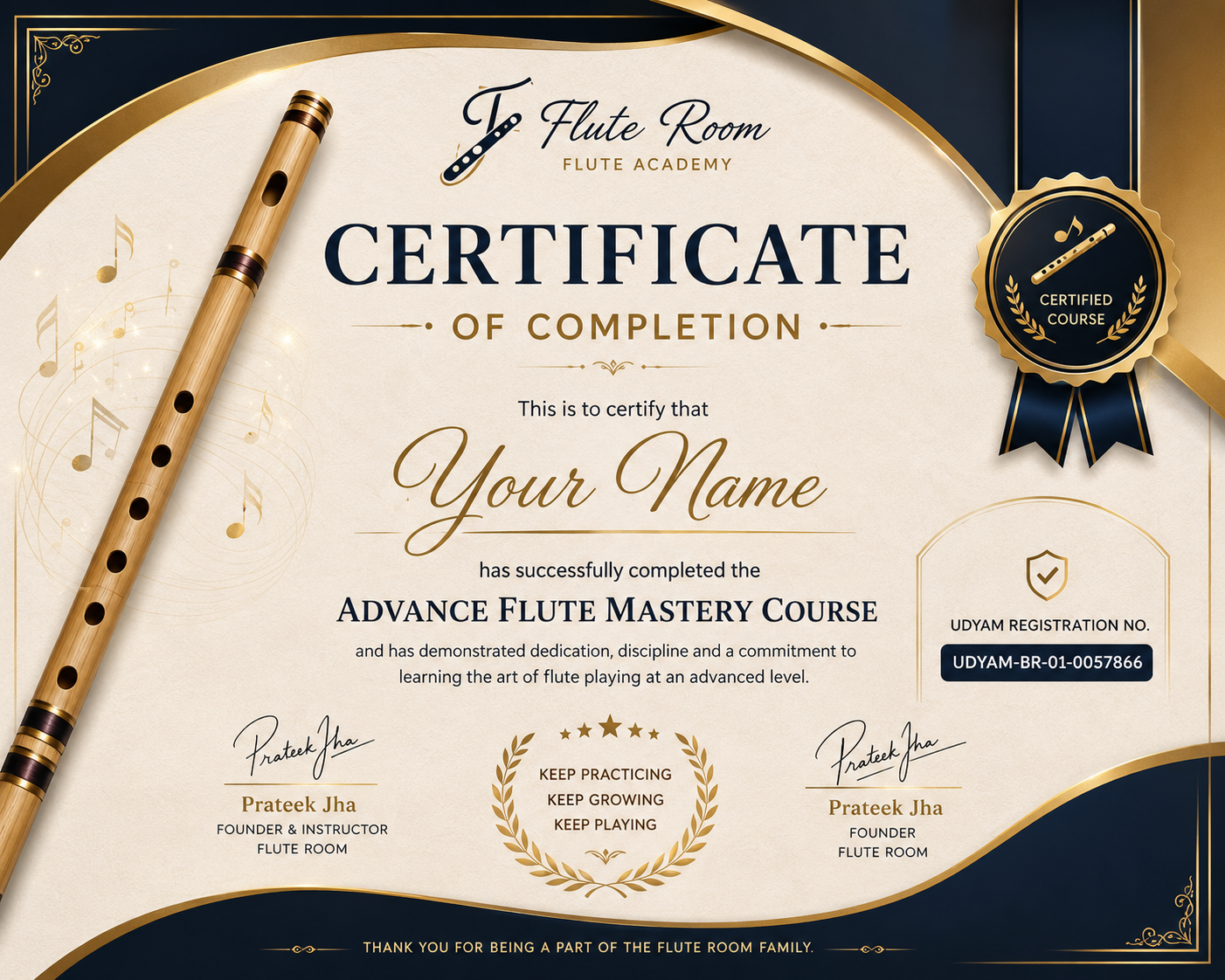 Sample Advanced Flute Mastery Course Certificate of Completion from Flute Room