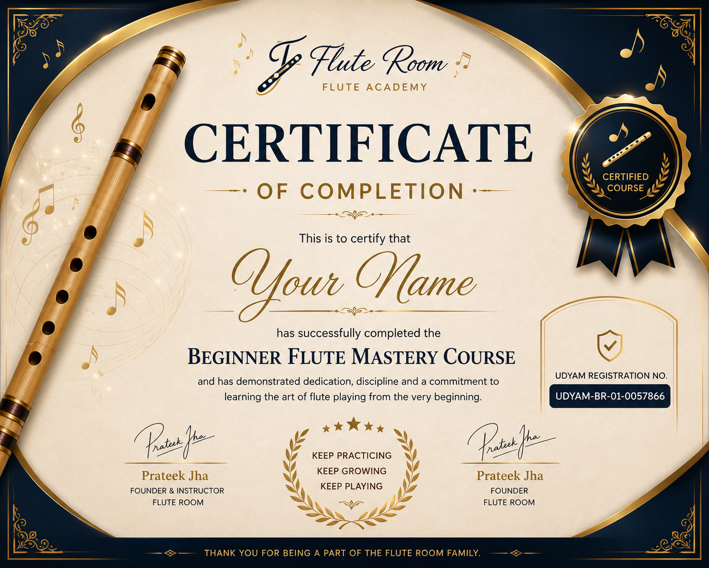 Sample Beginner Flute Mastery Course Certificate of Completion from Flute Room